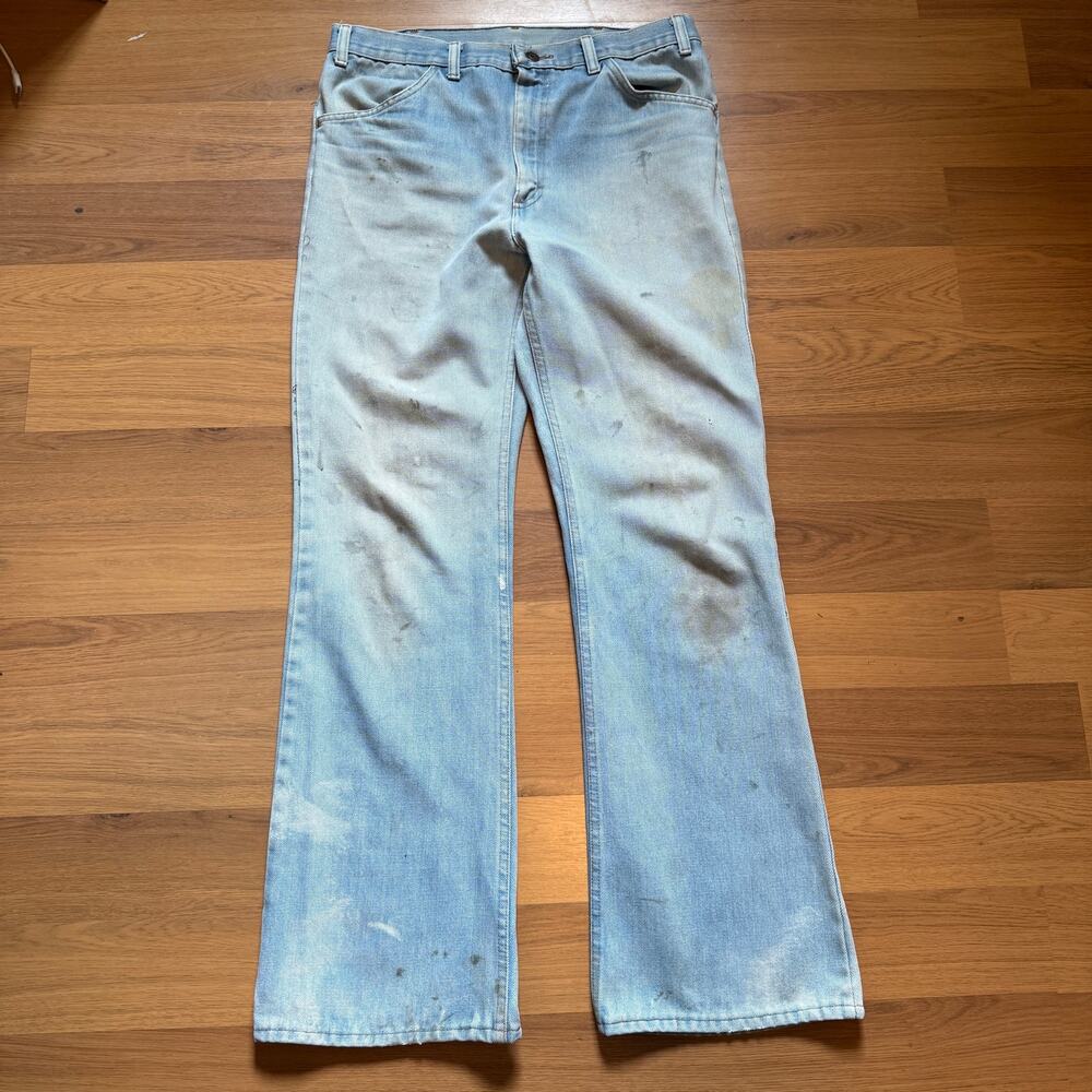 Men's Vintage 1970's Light Blue Distressed Bootcut Flare Denim Jeans Sz 32 x 31